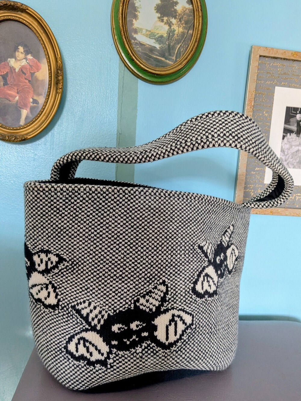 Black and Cream Knit Tote Bag with Bat Motif